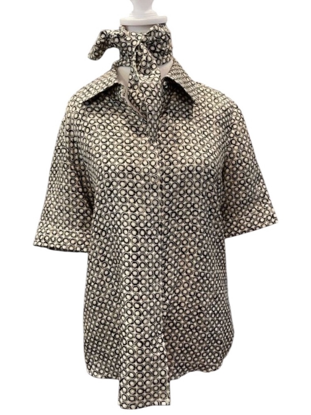 Dana Buchman Size 6 Tan Brownish black Silk Short Sleeve Tie Neck Blouse
